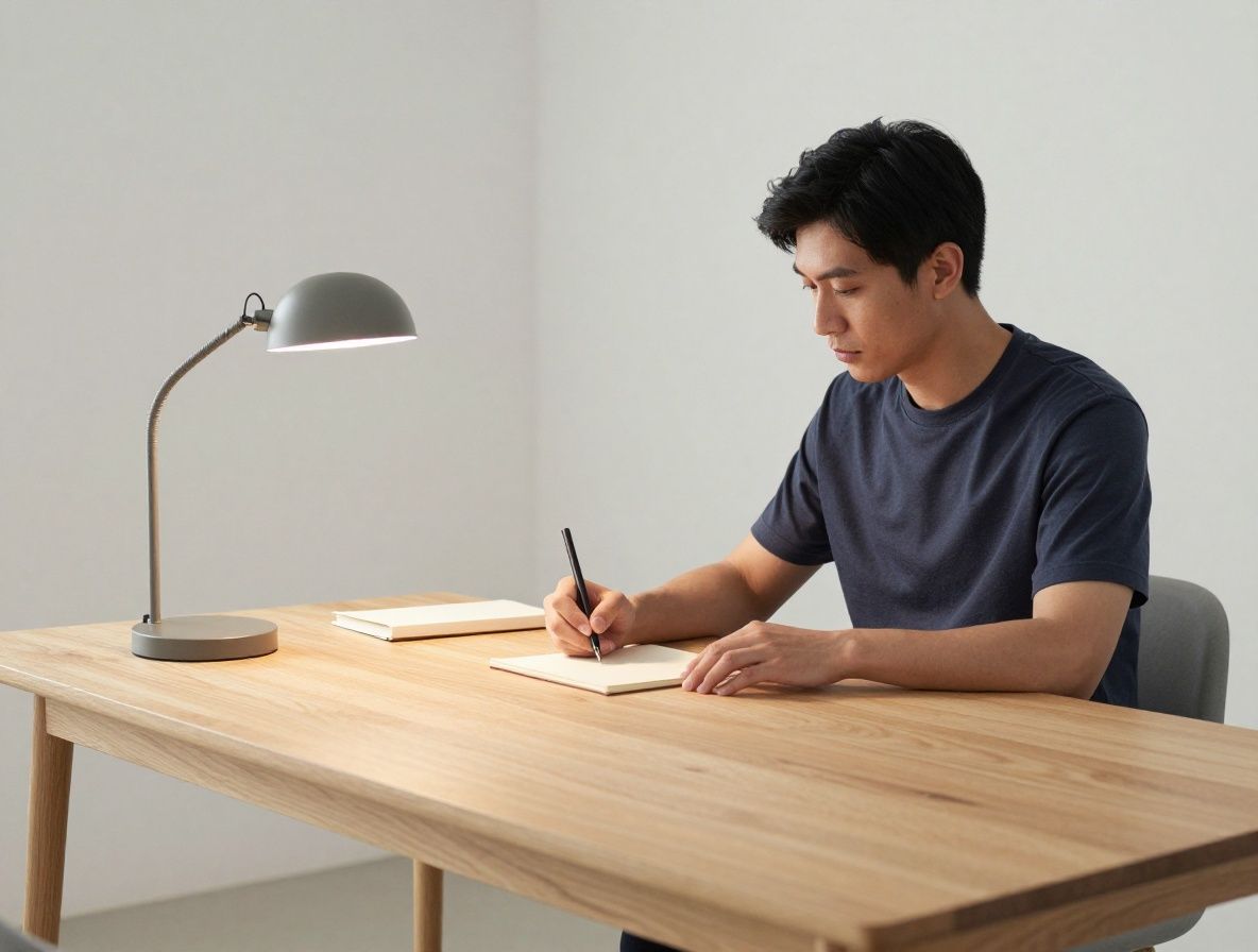 Man working at a spacious desk with natural light from a large window, organized workspace with notepad and a cup of coffee