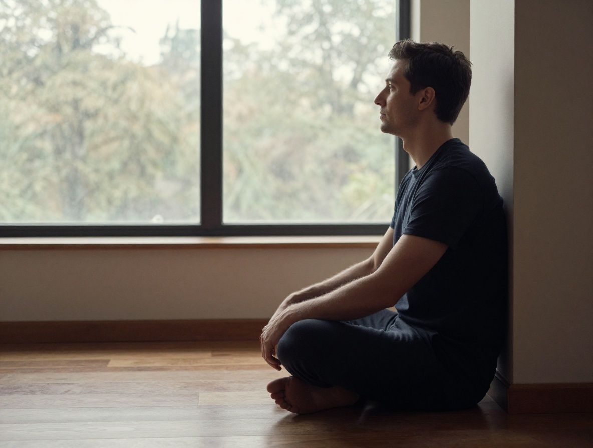 Quiet morning scene with a man sitting cross-legged on a wooden floor near a window, early daylight streaming in, calm and contemplative posture