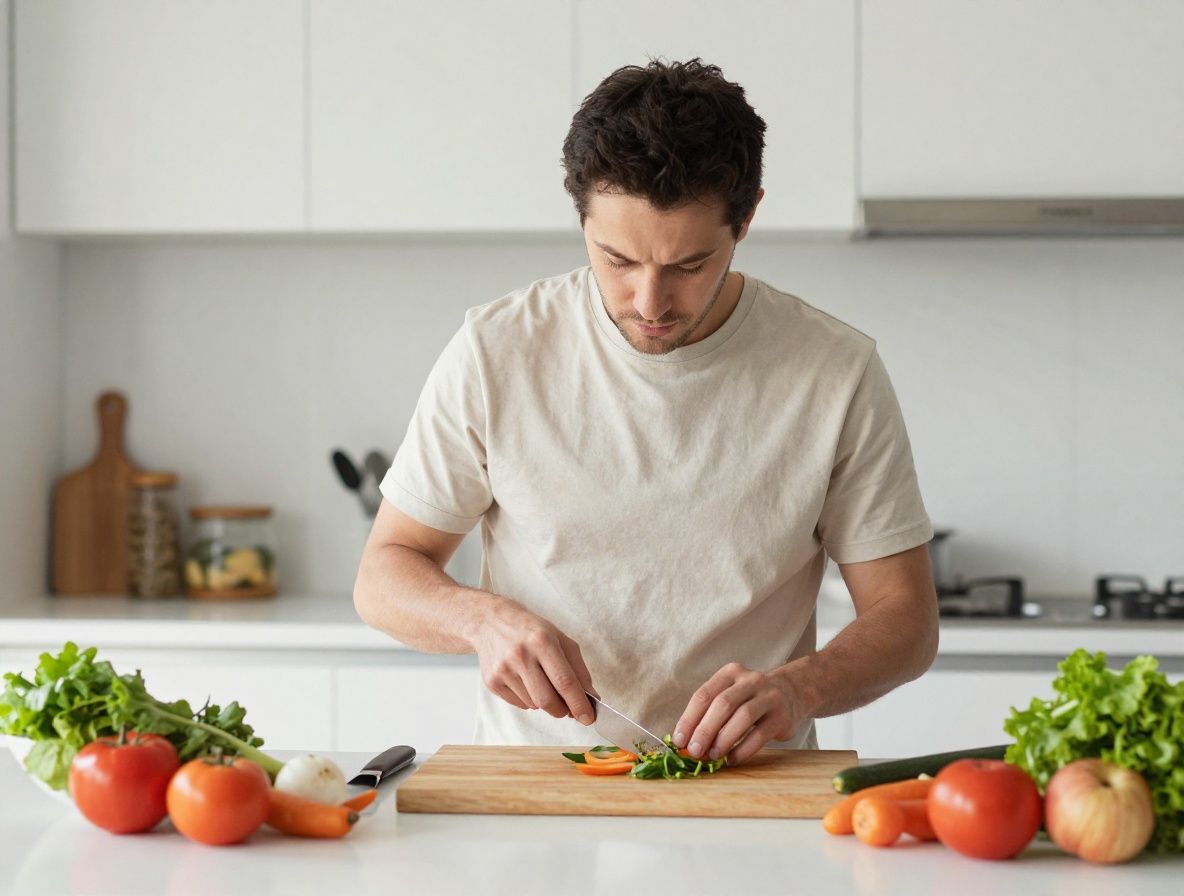 Man preparing a simple meal in a clean kitchen, natural morning light, calm and deliberate pace, fresh ingredients on the countertop