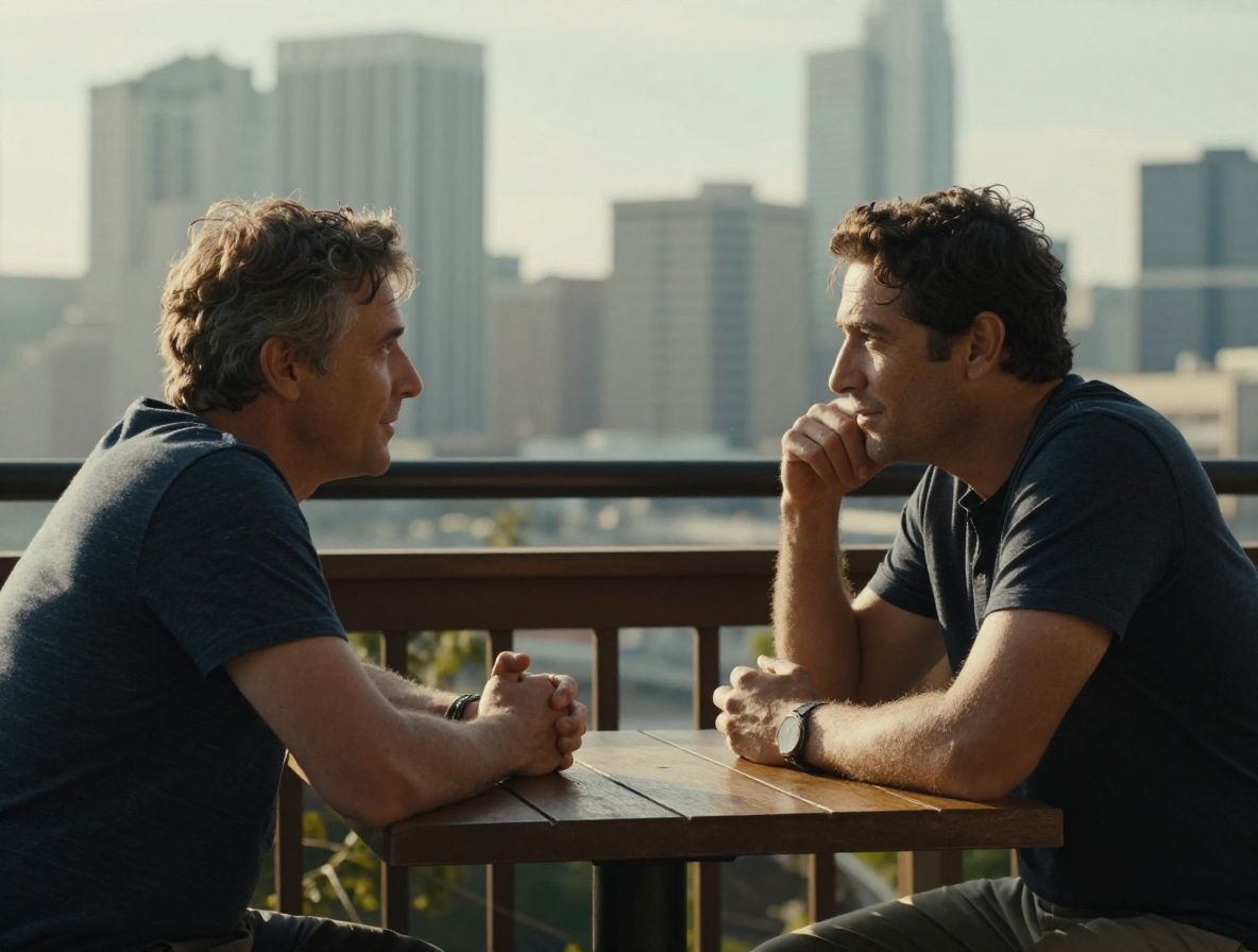 Two men walking side by side along a tree-lined path in an urban park, relaxed posture, engaged in conversation, warm afternoon light