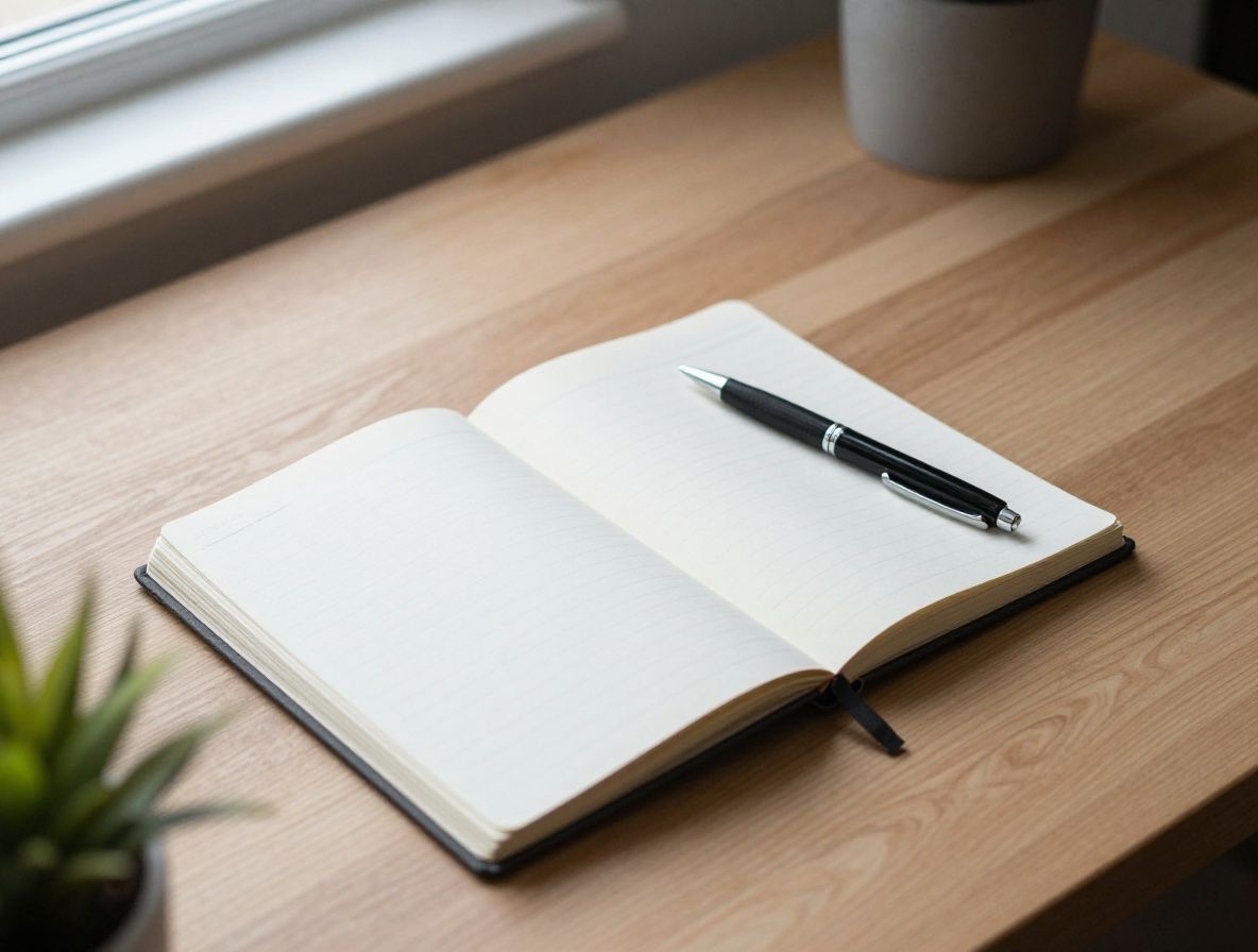 Minimalist wooden desk with a closed notebook, a pen placed diagonally, and a small plant in the corner, soft natural light from a nearby window