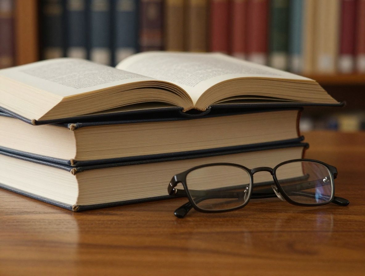 Stack of open books on a polished wooden surface with reading glasses beside them, warm library light overhead